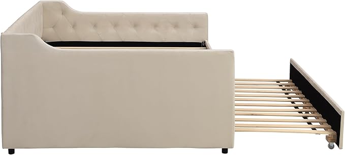 Full Size Velvet Upholstered Tufted Daybed with Twin-Size Trundle,Modern Wood Bed Frame w/Armrests,Slat Support,No Box Spring Needed,Daybeds for Apartment,Bedroom,Guest Room,Beige - LeafyLoom