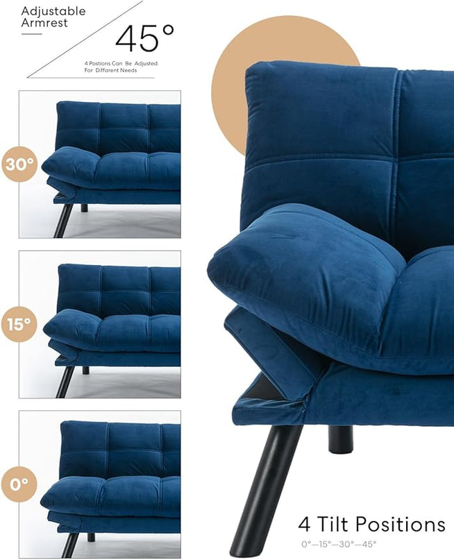 Velvet Convertible Futon Sofa Bed, 71" Comfy Loveseat Sleeper Sofa with Adjustable Backrest Armrest, Strengthen Wood, 7" Thick Padded Cushion, Small 2 Seater Couch for Living Room, Bedroom - LeafyLoom