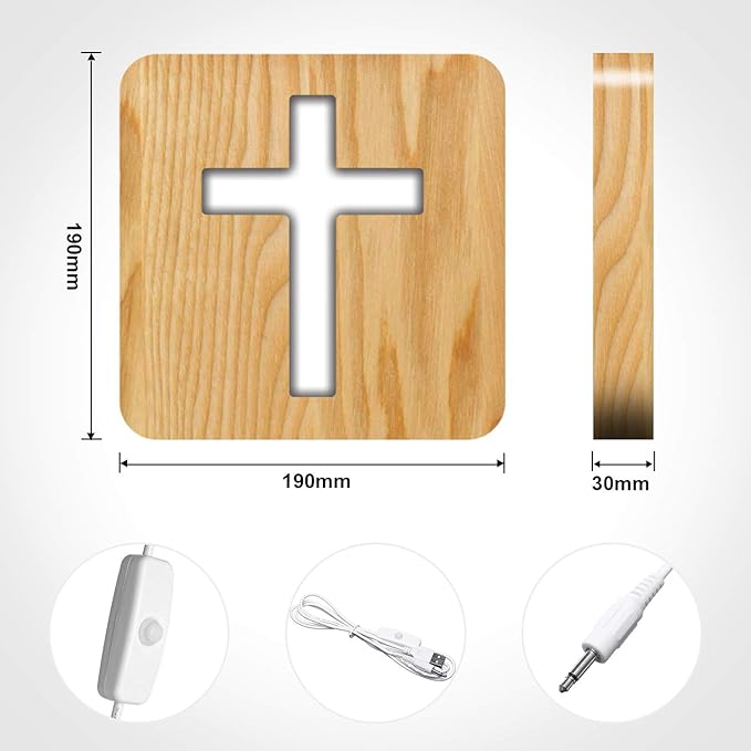 Lampeez Jesus Cross Wooden Lamp Novelty Night Light 3D Illusion lamp for Kids, Kids Decoration Lamp USB Power Bedroom Decor Xmas Holiday Birthday Gifts for Boy Girl - LeafyLoom