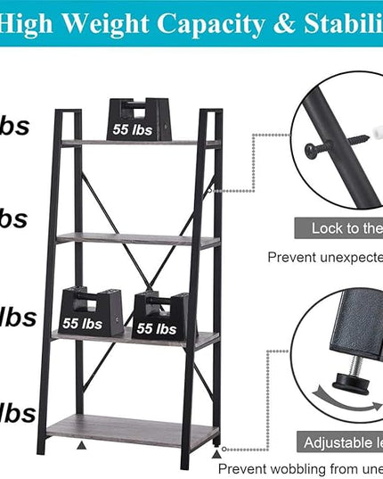BON AUGURE Rustic Ladder Bookshelf, 4 Tier Industrial Ladder Shelf Bookcase, Standing Leaning Book Shelves for Living Room (Dark Gray Oak) - LeafyLoom