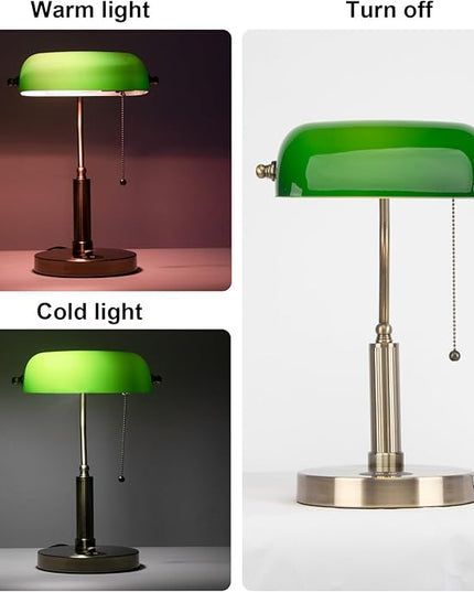 FIRVRE Bankers Lamp with2 USB and Wireless Charging Port，Pull Chain Switch Green Glass Desk Lamp， E26 Base,Traditional Library Desk Lamps for Home Office,Bedroom,Piano - LeafyLoom