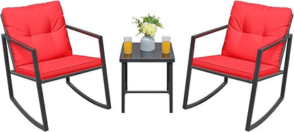 Greesum 3 Pieces Rocking Wicker Bistro Set, Patio Outdoor Furniture Conversation Sets with Porch Chairs and Glass Coffee Table, Red - LeafyLoom