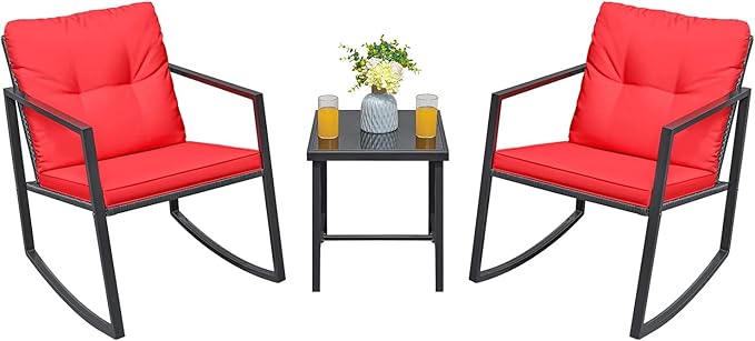Greesum 3 Pieces Rocking Wicker Bistro Set, Patio Outdoor Furniture Conversation Sets with Porch Chairs and Glass Coffee Table, Red - LeafyLoom
