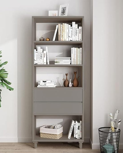IOTXY Floorstanding Wooden Bookcase with Legs - 67" Tall Open Shelves Cube Billy Bookshelf with Drawers for Home and Office, Grey - LeafyLoom