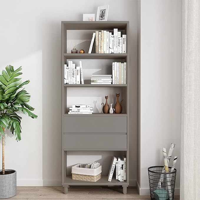 IOTXY Floorstanding Wooden Bookcase with Legs - 67" Tall Open Shelves Cube Billy Bookshelf with Drawers for Home and Office, Grey - LeafyLoom