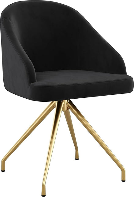 Martha Stewart Sora Stationary Swivel Task Chair with Sloped Arms for Home Office in Black Velvet with Polished Brass Frame - LeafyLoom