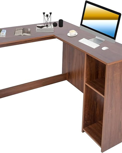 FurnitureR 47.2-Inch L-Shaped Computer Desk Home Office Study Writing Corner Gaming Table Retro Design Work Station Space-Saving for Study Room Bedroom, Walnut - LeafyLoom