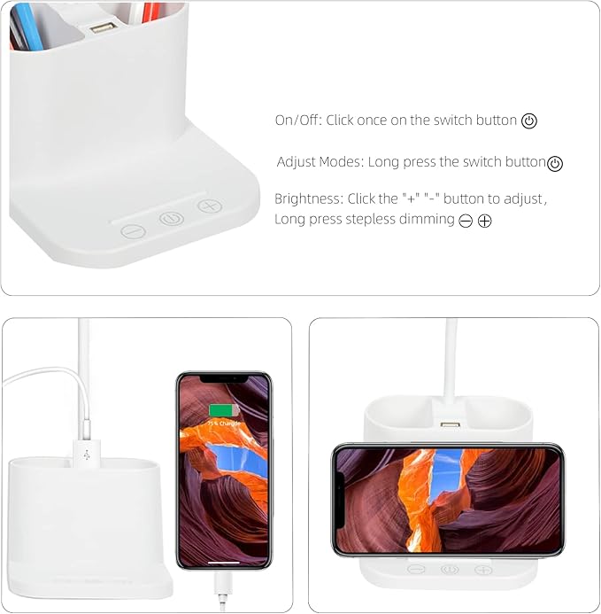 Study Lamp, Rechargeable LED Desk Lamp with Pen Holder, 8 Brightness Desk Lamp with USB Charging Port, Dimmable Reading Light Table Lamp for Kids - LeafyLoom