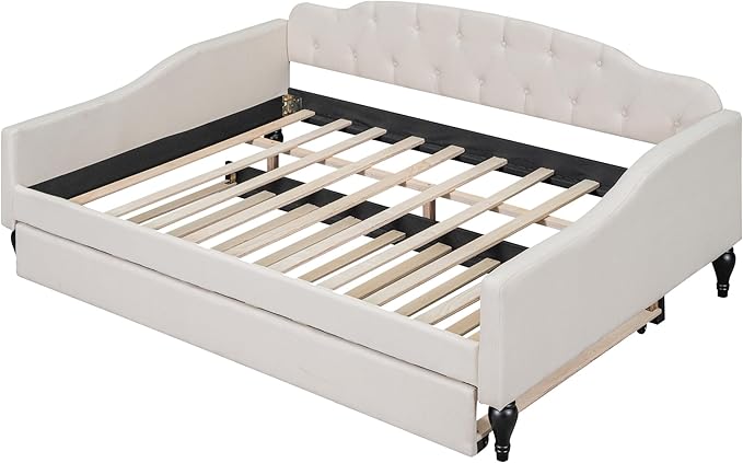 Full Size Upholstered Daybed with Trundle Bed Twin,Linen Sofa-Bed W/Button Tufted Back & Nailhead Decorated Waved Shape Arms,Slat Support,Bedframe for Bedroom Livingroom Small Space,Beige - LeafyLoom
