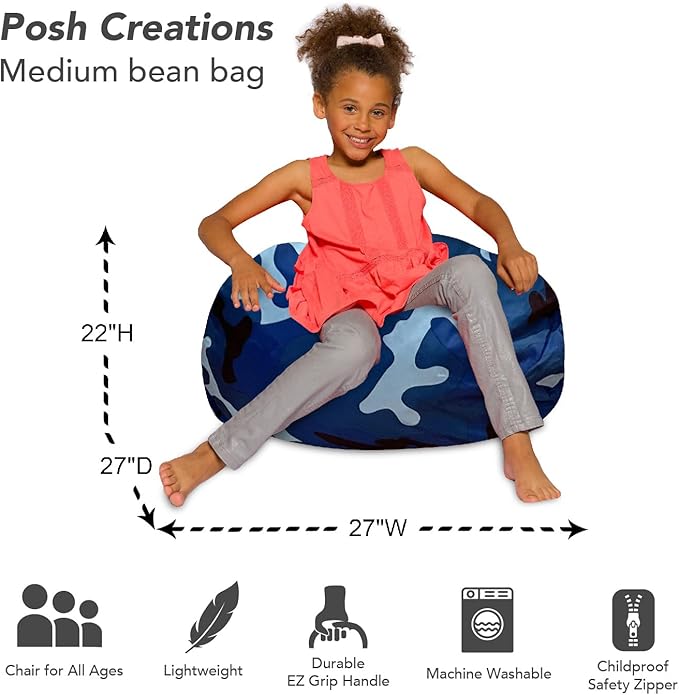 Posh Creations Bean Bag Chair for Kids, Teens, and Adults Includes Removable and Machine Washable Cover, Soft Nylon - Camo Blue and Light Blue, 27in - Medium - LeafyLoom