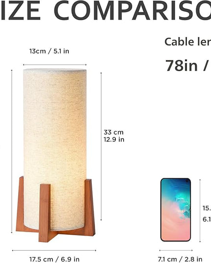 KUNJOULAM Modern Small Table Lamps, Nightstand Lamp with Linen Fabric Shade, 13.9" Cylinder Bedside Table Lamp for Bedroom, Cafe, Living Room Home Decor - LeafyLoom