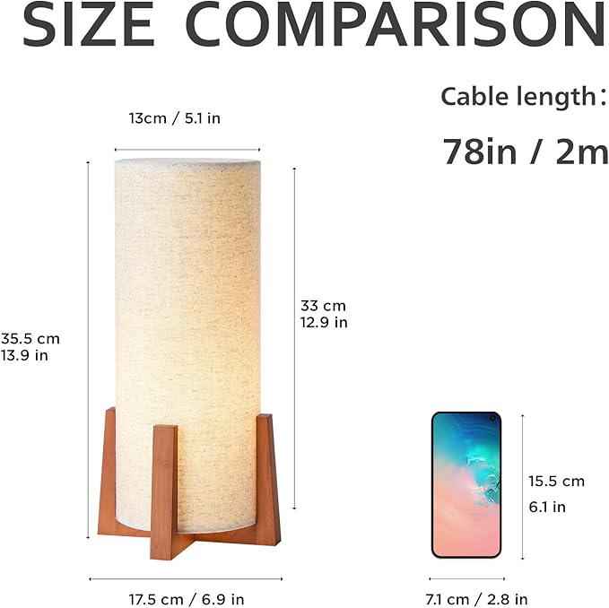 KUNJOULAM Modern Small Table Lamps, Nightstand Lamp with Linen Fabric Shade, 13.9" Cylinder Bedside Table Lamp for Bedroom, Cafe, Living Room Home Decor - LeafyLoom