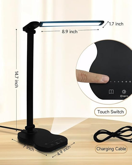 Led Desk Lamp with USB Charging Port, 5 Lighting Colors & 10 Brightness Reading Lamp, Foldable Dimmable LED Desk Light, 3000-6500K, Violin Shape Black Lamp Desk Lamps for Home Office - LeafyLoom