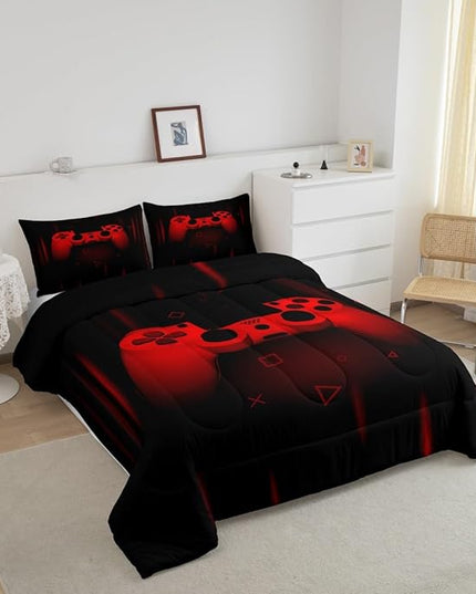 Feelyou Queen Comforter Set for Boys Gamer Bedding Set for Boys Kids Gaming Comforter Red Black Teen Child Gamer Room Decor Soft Game Geometric Duvet Quilted 1 Comforter with 2 Pillowcases Gamer Gifts - LeafyLoom