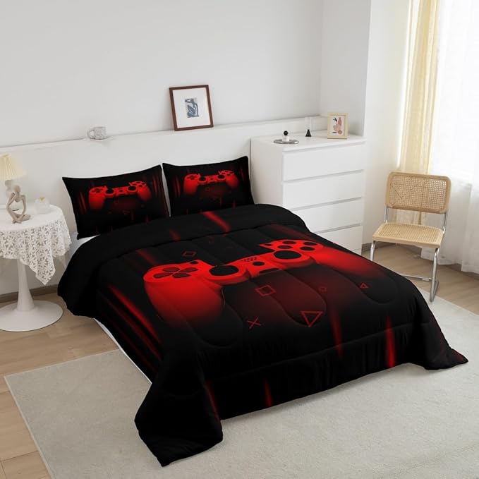 Feelyou Twin Comforter Set for Boys Gamer Bedding Set for Boys Kids Gaming Comforter Red Black Teen Child Gamer Room Decor Soft Game Geometric Duvet Quilted 1 Comforter with 1 Pillowcase Gamer Gifts - LeafyLoom