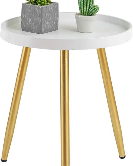 Round Side Table Wooden Tray Table with Metal Tripod Stand Nightstand Coffee Table End Table for Living Room Bedroom Office Small Spaces, 18" H x 15”D (White & Gold) - LeafyLoom