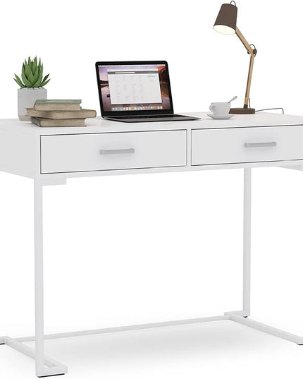 Tribesigns 40 Inch White Computer Desk, White Writing Desk with 2 Drawers, Modern Simple Study Desk Makeup Vanity Table for Bedroom Small Spaces - LeafyLoom