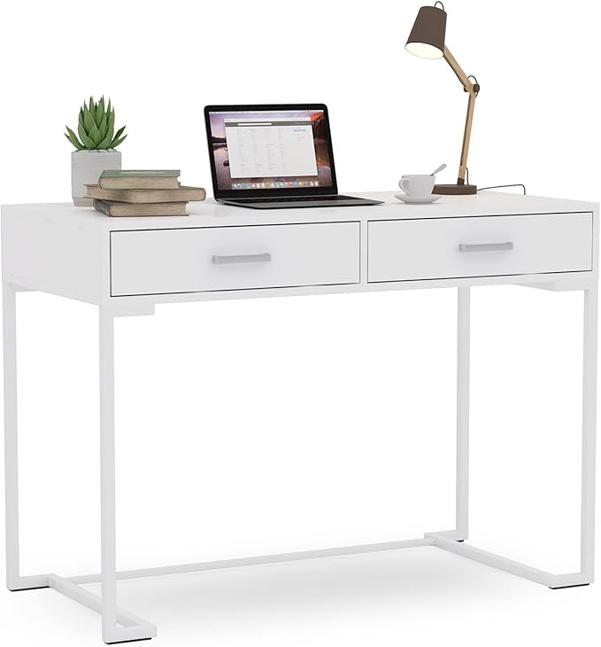 Tribesigns 40 Inch White Computer Desk, White Writing Desk with 2 Drawers, Modern Simple Study Desk Makeup Vanity Table for Bedroom Small Spaces - LeafyLoom