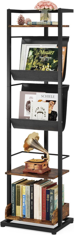 Bookshelf 5-Tier Book shelf: Tall Narrow Bookshelf Bookcase, Industrial Modern Sturdy Display Bookshelves for Small Spaces, Rustic Brown - LeafyLoom
