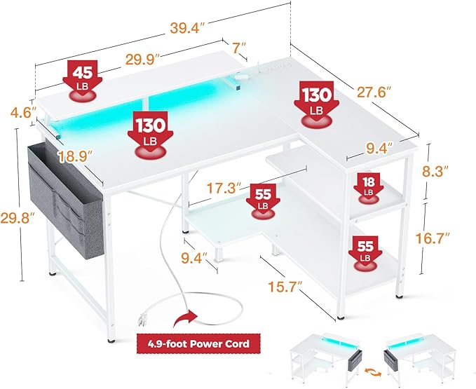 ODK 40 Inch Gaming Desk with USB Charging Ports and LED Lights, Reversible L Shaped Computer Desk with Storage Shelves & Monitor Stand, Corner Home Office Desk Table with Power Outlets, White - LeafyLoom