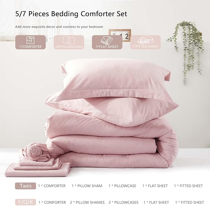 UNILIBRA Twin XL Comforter Set 5 Pieces - Bed in a Bag Twin XL Size Pink Soft for All Seasons - Cationic Dyeing Bedding Comforter Sets with Comforter, Flat Sheet, Fitted Sheet, Pillowcases & Shams - LeafyLoom