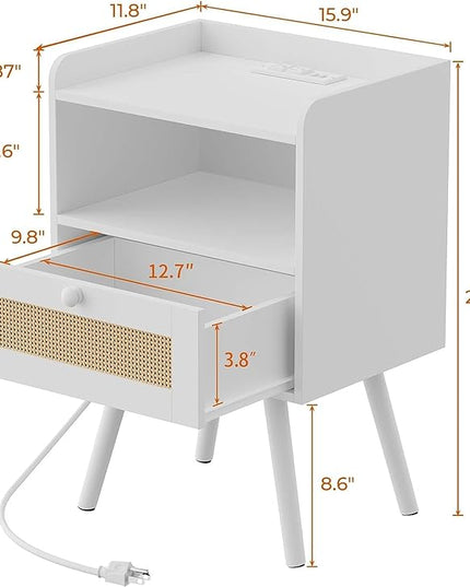 SUPERJARE Nightstand with Charging Station & Rattan-Like Decor Drawer, Rattan End Table with Solid Wood Feet, Bed Side Table with Open Storage, for Bedroom, Living Room, Dormitory - White - LeafyLoom