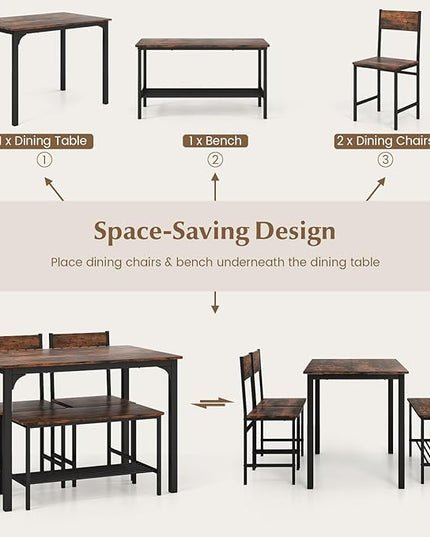 Moccha Dining Table Set for 4, Wooden Kitchen Table with with 2 Chairs and a Long Bench, Modern 4-Piece Dinette with Metal Frame & Storage Rack, Space-Saving Table Set for Dining Room, Rustic Brown - LeafyLoom