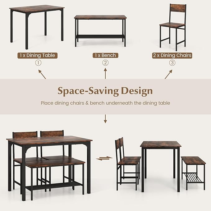 Moccha Dining Table Set for 4, Wooden Kitchen Table with with 2 Chairs and a Long Bench, Modern 4-Piece Dinette with Metal Frame & Storage Rack, Space-Saving Table Set for Dining Room, Rustic Brown - LeafyLoom