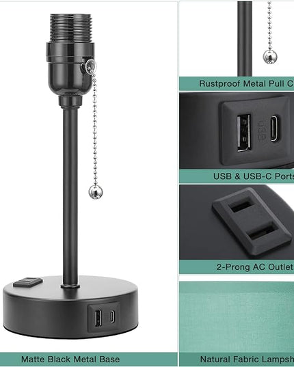 Dicoool Green Table Lamps 3 Color Temperatures - 2700K 3500K 5000K Bedside Lamp with USB C and A Ports, Pull Chain Lamp for Bedroom with AC Outlet, Nightstand Lamp with Black Metal Base for Kids Boys - LeafyLoom