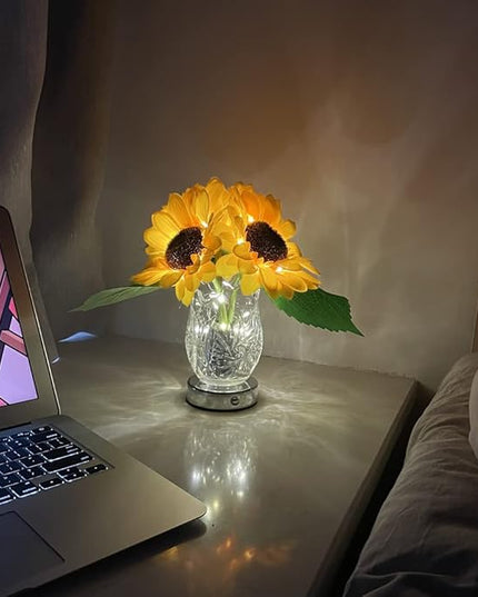 Sunflower Lamp Artificial LED Sunflower Flowers with Glass Vase Table Lamp Night Light for Home Office Decor House Decorations Gift Idea - Rechargeable (3Sunflower) - LeafyLoom