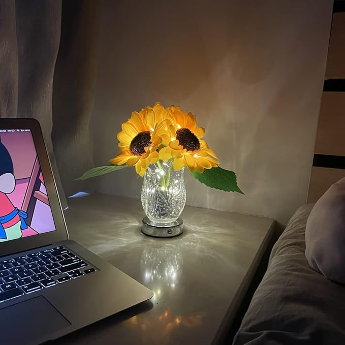 Sunflower Lamp Artificial LED Sunflower Flowers with Glass Vase Table Lamp Night Light for Home Office Decor House Decorations Gift Idea - Rechargeable (3Sunflower) - LeafyLoom