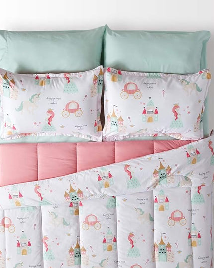 SLEEP ZONE Kids Twin Bedding Comforter Set - Super Cute & Soft Kids Bedding 5 Pieces Set with Comforter, Sheet, Pillowcase & Sham (Princess Castle) - LeafyLoom