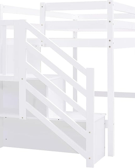 Twin Size Low Loft Bed with Storage Staircase,Kids Loft Bed Twin with Window,Space-Saving Low Loft Bed Frame for for Teens, Boys, Girls,White - LeafyLoom