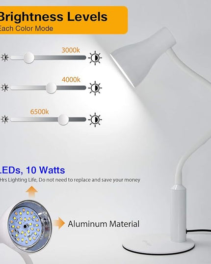 LED Desk Lamp, 3 Lighting Modes and 6 Brightness Levels, 10W Flexible Gooseneck Table Lamp for Living Room and Study, Remote Control with Timing Function, AC Adapter Included (White) - LeafyLoom