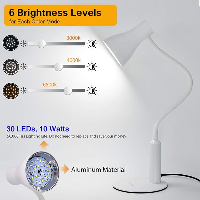 LED Desk Lamp, 3 Lighting Modes and 6 Brightness Levels, 10W Flexible Gooseneck Table Lamp for Living Room and Study, Remote Control with Timing Function, AC Adapter Included (White) - LeafyLoom