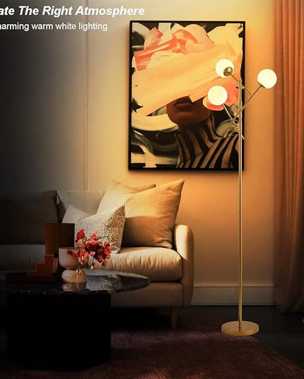 Sputnik 3 Globe Mid Century Floor Lamp Modern Gold, 3 Lights Standing Lamp with Frosted Glass Shade and Bulbs Included, LED Tall Floor Light for Living Room, Bedroom, Office - Antique Brass - LeafyLoom