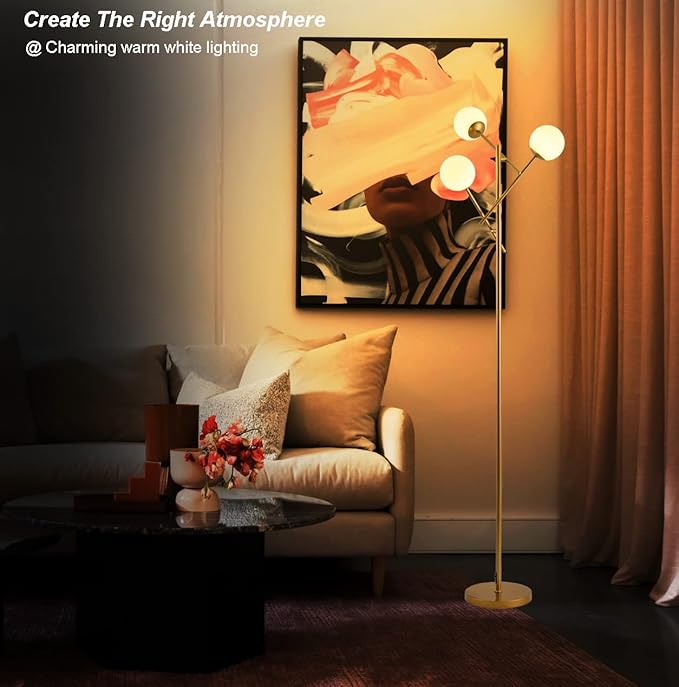 Sputnik 3 Globe Mid Century Floor Lamp Modern Gold, 3 Lights Standing Lamp with Frosted Glass Shade and Bulbs Included, LED Tall Floor Light for Living Room, Bedroom, Office - Antique Brass - LeafyLoom