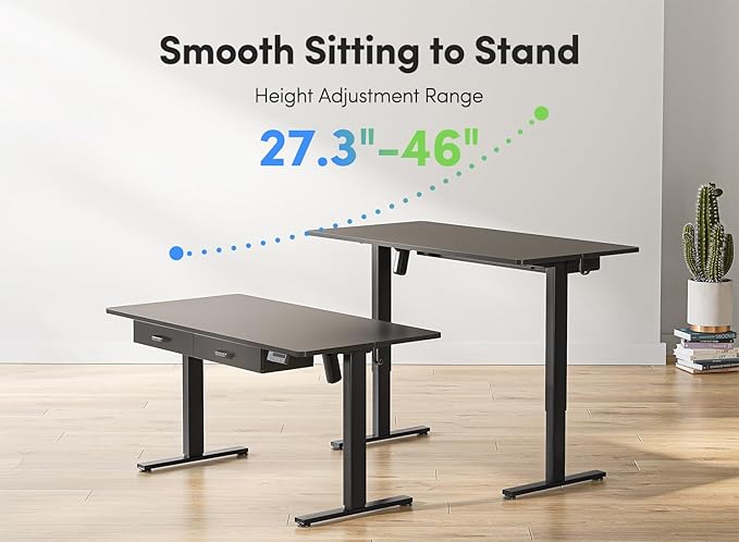FEZIBO Adjustable Height Electric Standing Desk with Double Drawer, 48 x 24 Inches Stand Up Home Office Desk with Splice Tabletop, Black Frame/Black Top - LeafyLoom