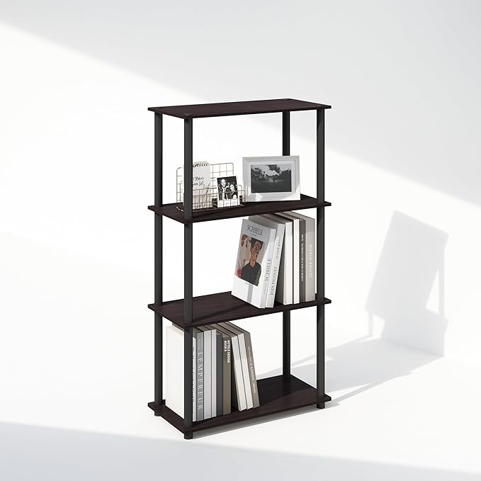 Furinno Turn-N-Tube 4-Tier Multipurpose Shelf Display Rack, Shelving Unit, Bookcase, Dark Walnut - LeafyLoom