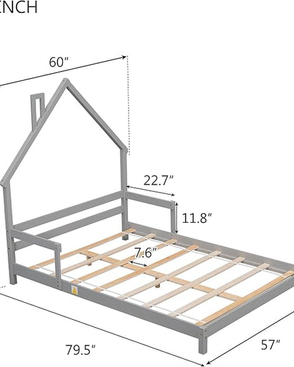 Bellemave Full Size Bed Frame for Kids,Low Platform Bed with House-Shaped Headboard and Handrails,Full Bed for Girls,No Box Spring Needed(Grey) - LeafyLoom