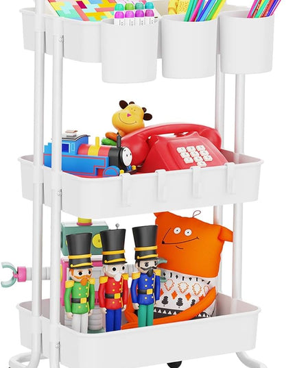LEHOM 3-Tier Rolling Utility Cart with Hanging Cups & Hooks & Handle, Plastic Art Cart Organizer Storage with Wheels, Easy Assembly for Office, Bedroom, Kitchen, Bathroom, Laundry (White) - LeafyLoom