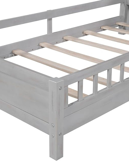 Twin Size Platform Bed with Built-in LED Light,Multi-functional Wood Beds Frame,w/ 2 Storage Shelves Headboard and Guardrail,for Apartment,Bedroom,Living Room,Antique Grey - LeafyLoom