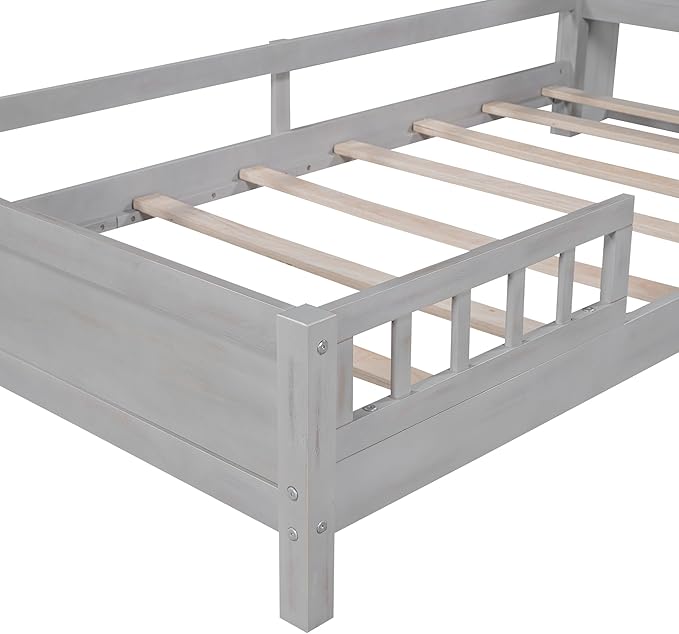 Twin Size Platform Bed with Built-in LED Light,Multi-functional Wood Beds Frame,w/ 2 Storage Shelves Headboard and Guardrail,for Apartment,Bedroom,Living Room,Antique Grey - LeafyLoom