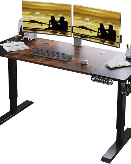 Adjustable Height Electric Standing Desk, 55 x 24 Inch Sit Stand Computer Desk with Lockable Casters, Stand Up Desk Table for Home Office, Black Frame/Rustic Brown + Black Top - LeafyLoom