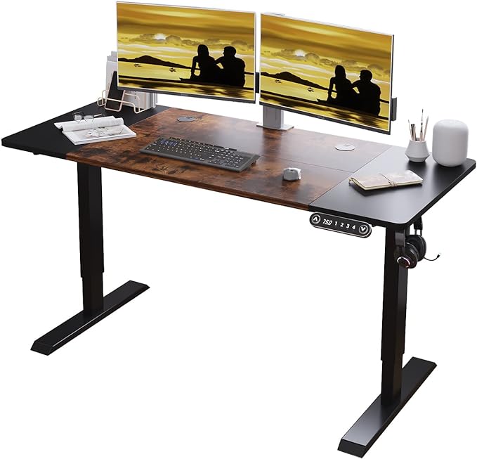 Adjustable Height Electric Standing Desk, 55 x 24 Inch Sit Stand Computer Desk with Lockable Casters, Stand Up Desk Table for Home Office, Black Frame/Rustic Brown + Black Top - LeafyLoom