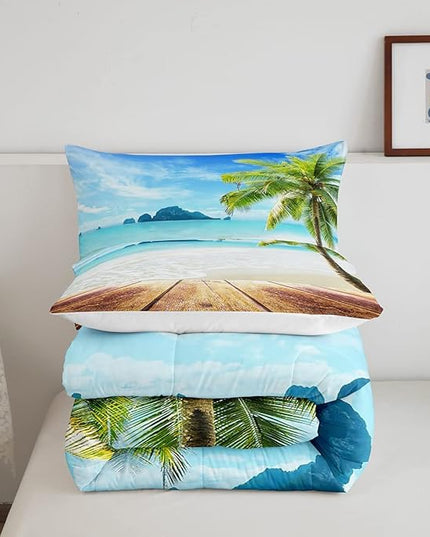 Beach Comforter Set King Size Ocean Bedding Set Tropical Palm Tree Hawaii Ocean Duvet Set Sunny Beach Coastal Nature Theme Duvet Set Sea Wave Mountain Brown Wooden Comforter Set 2 Pillowcases, Blue - LeafyLoom