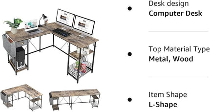 X-cosrack 2 Person Desk Large L-Shaped Computer Desk with Storage Shelves Drawer, Home Office Writing Corner Desk, Long Desk PC Laptop Workstation with Hooks Storage Bag Cable Hole - LeafyLoom