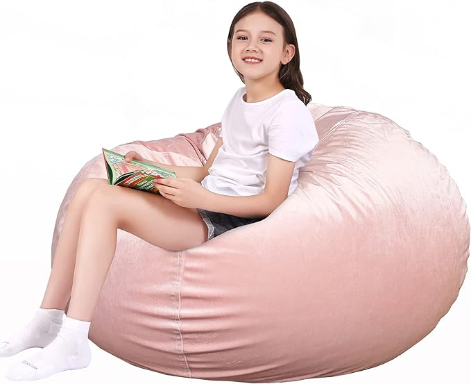 Lukeight Stuffed Animal Storage Bean Bag Chair Cover for Kids, Zipper Beanbag Chair Cover for Organizing Toddler & Kids' Rooms Plush Toys (Pink Velvet, Large) - LeafyLoom