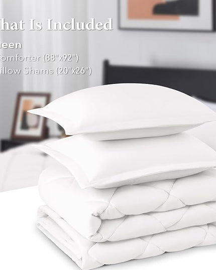 downluxe Queen Comforter Set - White Comforter Set Queen, 3 Pieces Solid Comforter Set Queen Size for All Seasons, 1 Lightweight Fluffy Comforter (88"x92") and 2 Pillow Shams - LeafyLoom