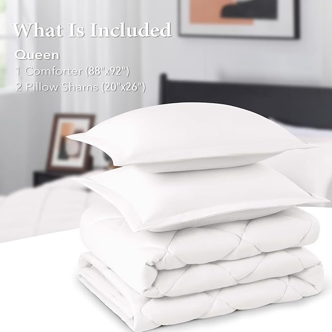 downluxe Queen Comforter Set - White Comforter Set Queen, 3 Pieces Solid Comforter Set Queen Size for All Seasons, 1 Lightweight Fluffy Comforter (88"x92") and 2 Pillow Shams - LeafyLoom